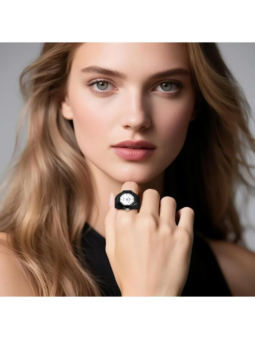 Unisex Black Analog Quartz Stretchy Elastic Band Octagon Dial Finger Ring Watch